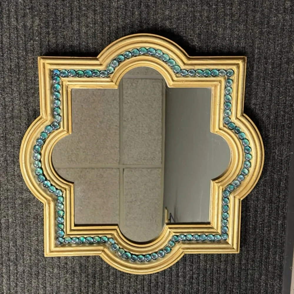 Vintage 90s Era Quatrefoil Gilt Wood and Blue Glass Accent Mirror 12”x 12”